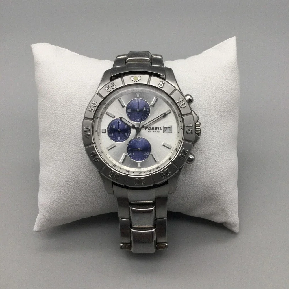 Fossil CH-2335 Mens Watch 40mm Silver Tone Chronograph Date New Battery 7.75
